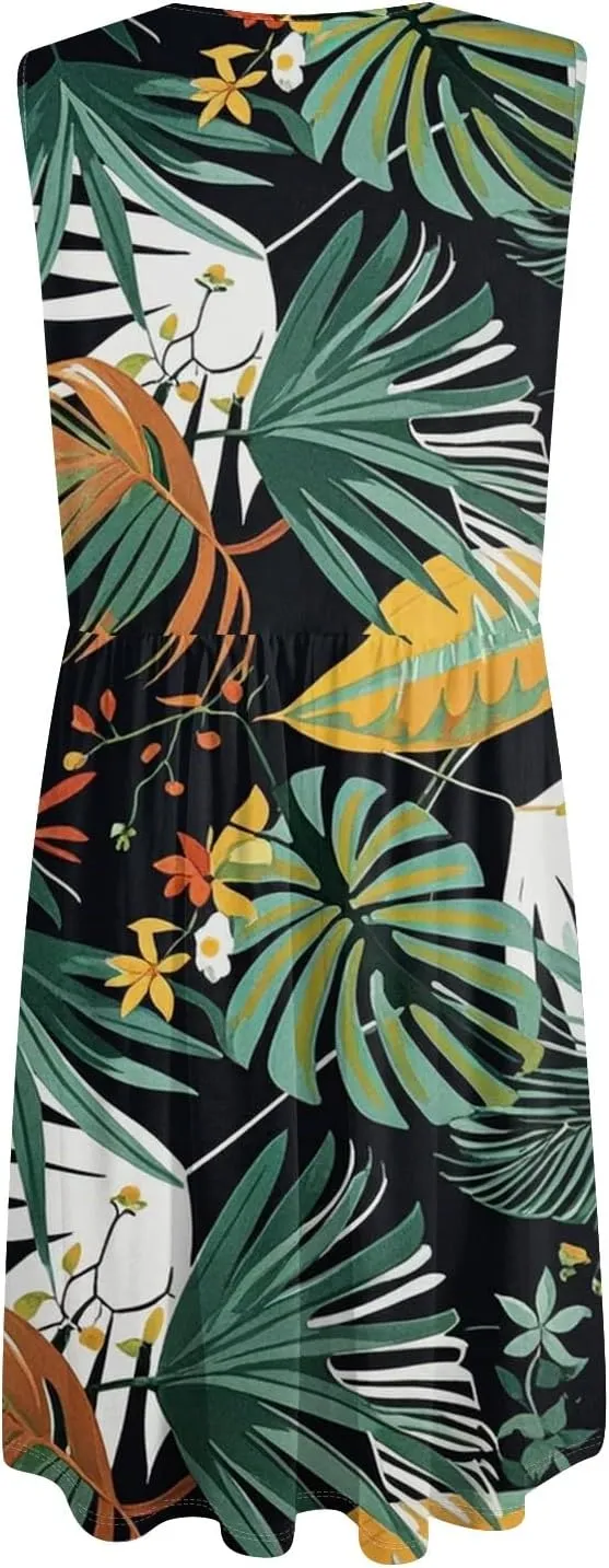 Azeralia Women's Summer Dresses V-Neck Sleeveless Boho Sundress Casual Loose Flowy Midi Dress Beach Printed Tank Dress
