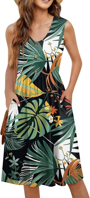 Azeralia Women's Summer Dresses V-Neck Sleeveless Boho Sundress Casual Loose Flowy Midi Dress Beach Printed Tank Dress