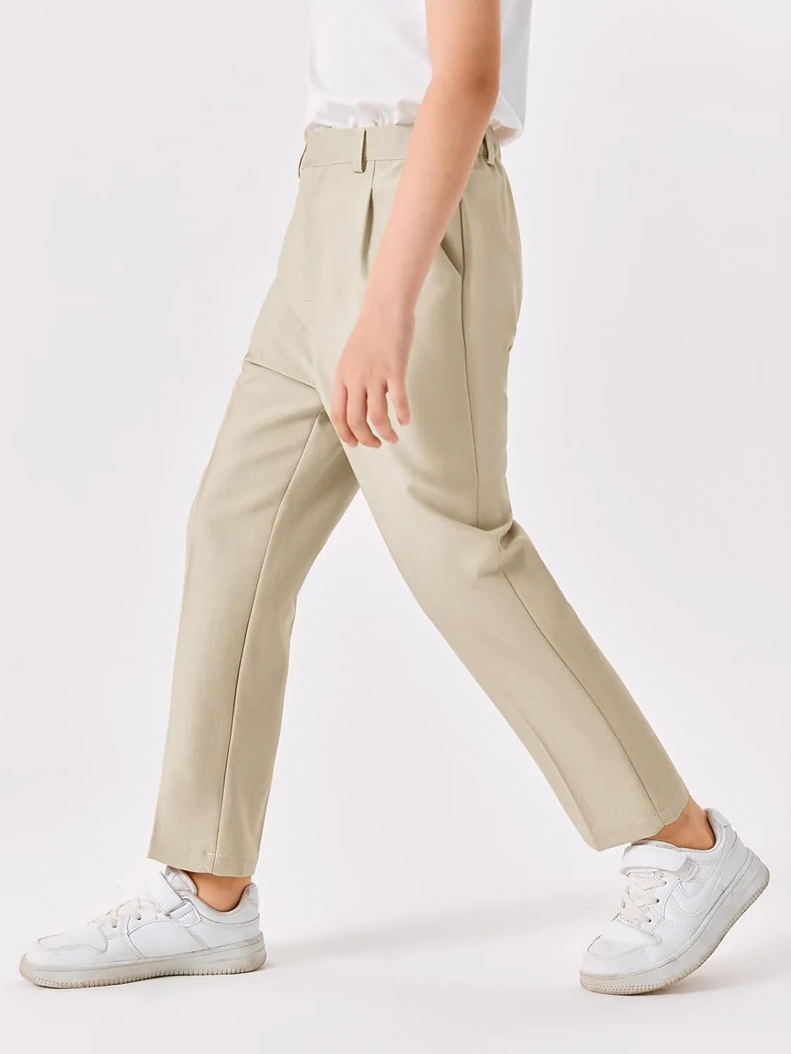 Batermoon Boys Elastic Waist Dress Pants Kids Slim Fit Straight Suit Pants Uniform Trousers with Pockets