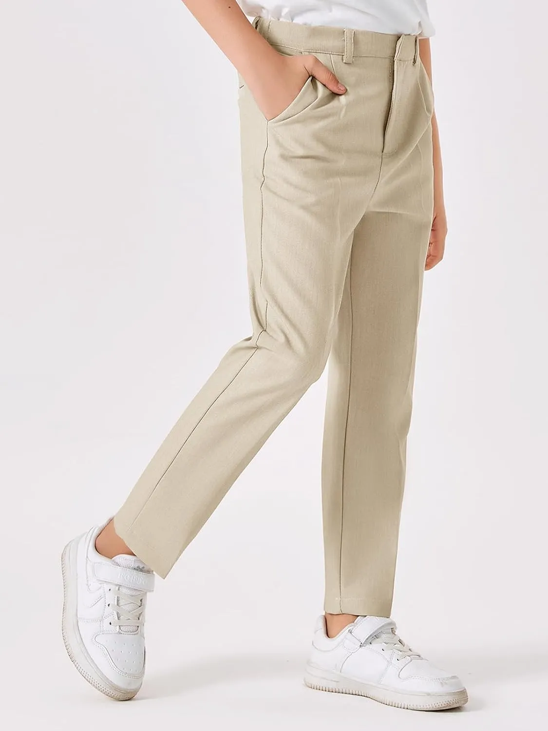 Batermoon Boys Elastic Waist Dress Pants Kids Slim Fit Straight Suit Pants Uniform Trousers with Pockets