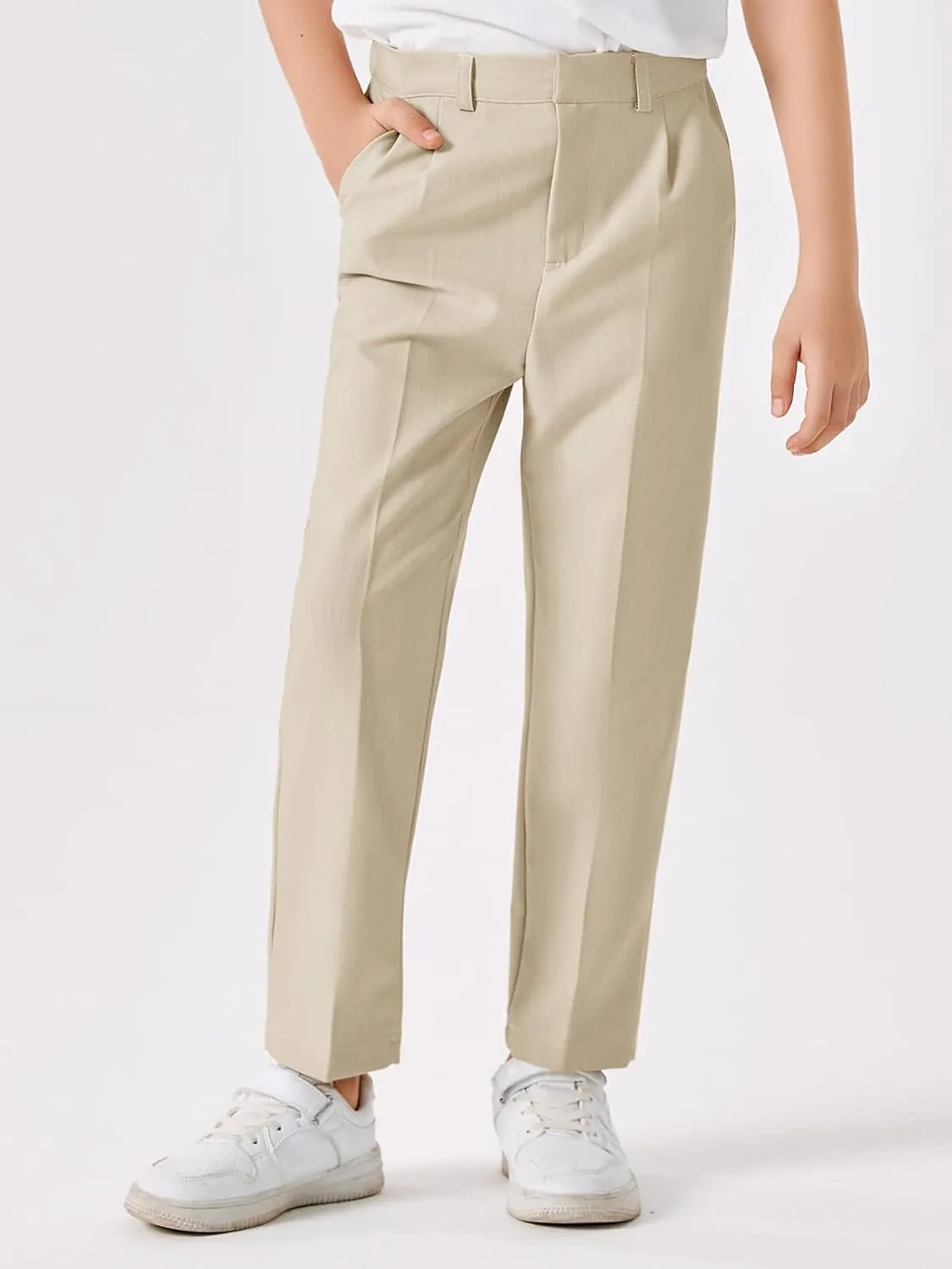 Batermoon Boys Elastic Waist Dress Pants Kids Slim Fit Straight Suit Pants Uniform Trousers with Pockets