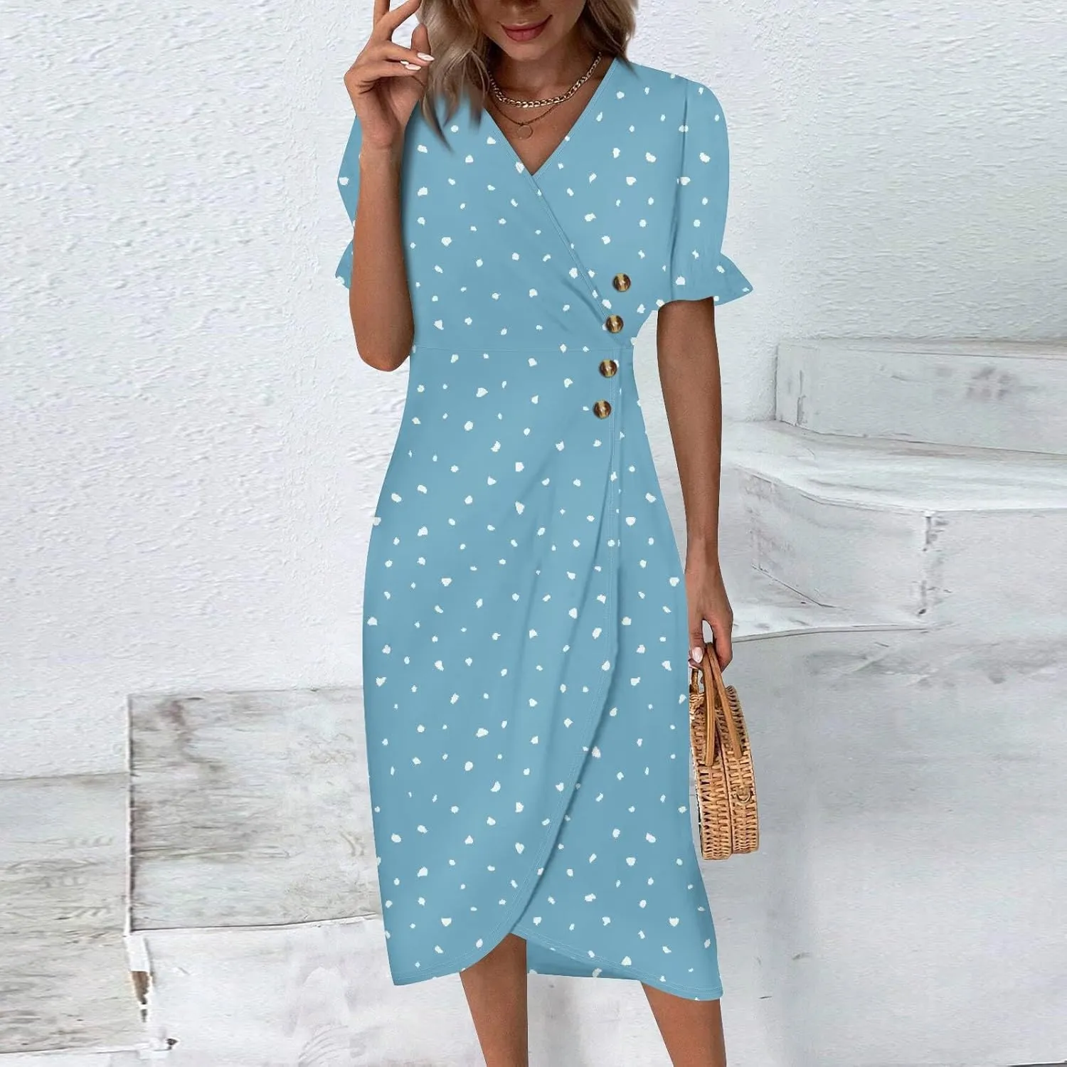 Beach Dresses for Women,2025 Spring Trendy Floral Boho Dress,Elegant V Neck Short Sleeve Irregular Hem Midi Dress