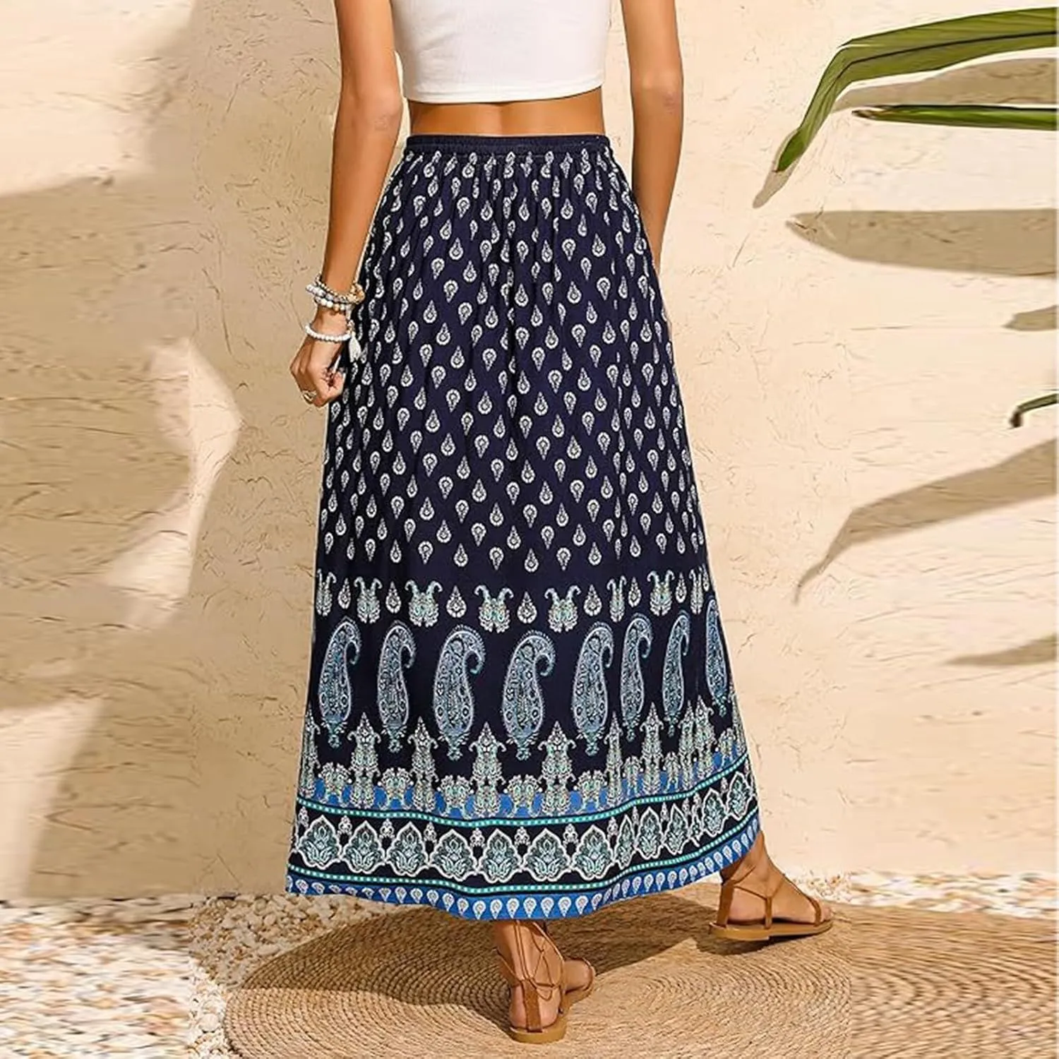 Beach Women's Skirts, Casual Vacation Boho Flowy Maxi Summer Womens Skirts