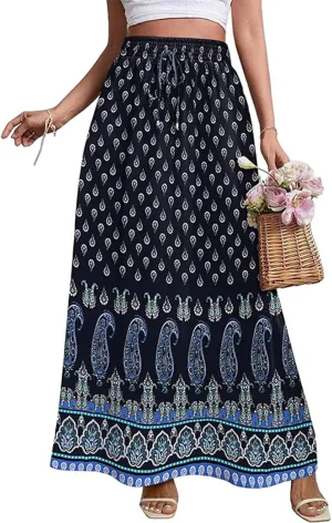 Beach Women's Skirts, Casual Vacation Boho Flowy Maxi Summer Womens Skirts