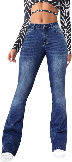 Bell Bottom Jeans for Women Ripped Skinny Bell Bottom Ladies Elastic Skinny Flared Raw Hem Flare Denim Pants