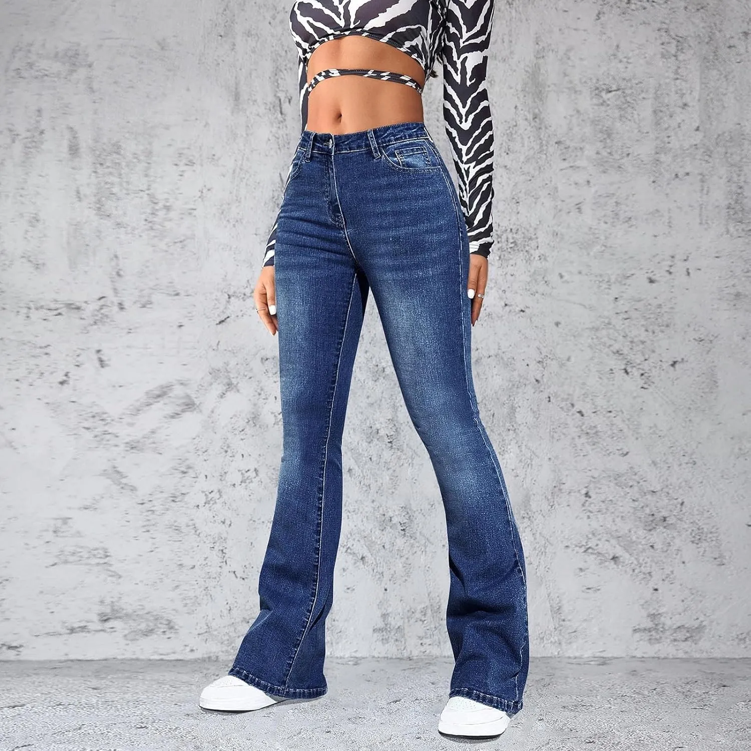 Bell Bottom Jeans for Women Ripped Skinny Bell Bottom Ladies Elastic Skinny Flared Raw Hem Flare Denim Pants