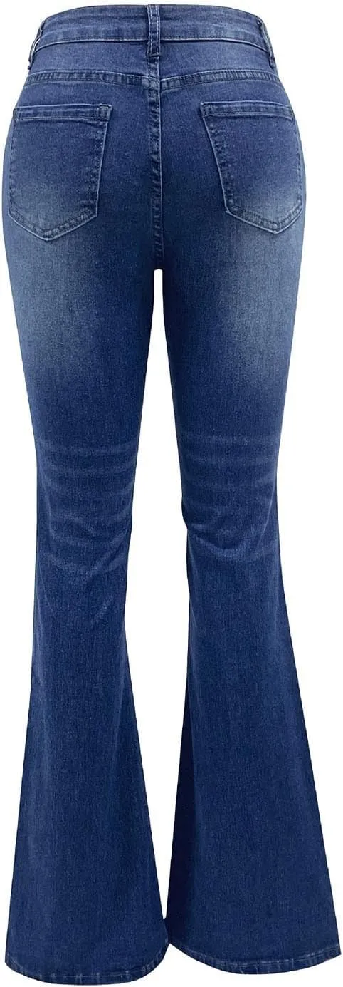 Bell Bottom Jeans for Women Ripped Skinny Bell Bottom Ladies Elastic Skinny Flared Raw Hem Flare Denim Pants