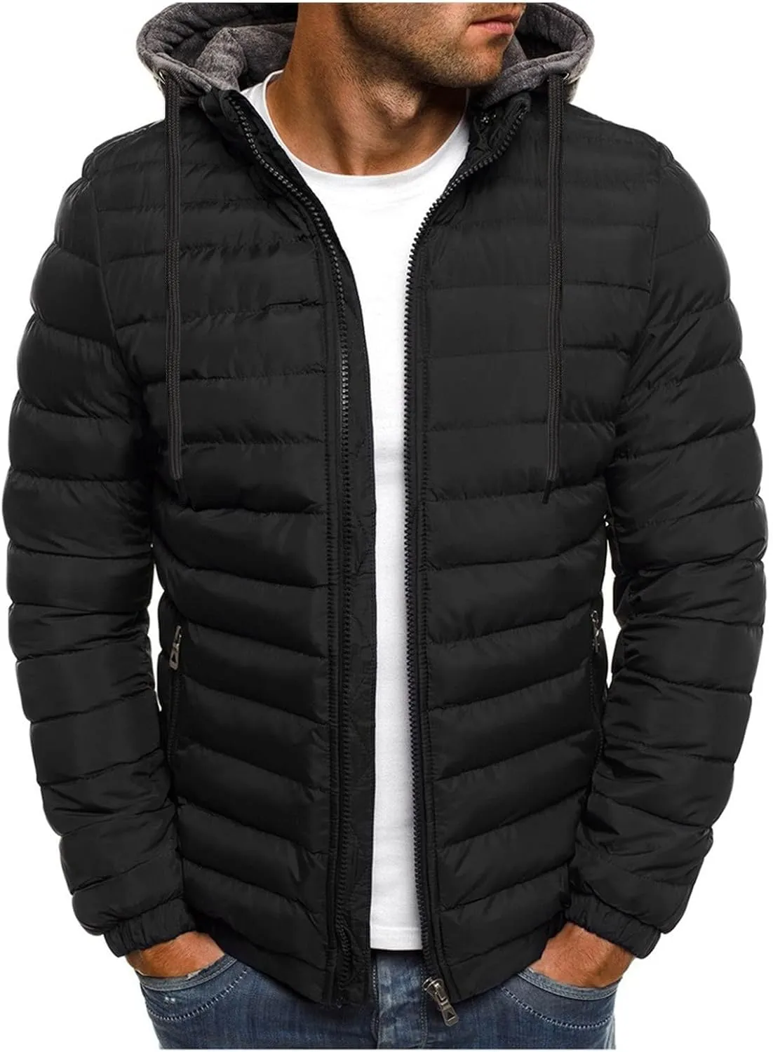 BIFUTON Lightweight Puffer Jacket with Hood Men Warm Thick Down Hoodie Full Zip Puffy Coat for Hiking Travel Winter Outwears