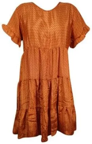 Bohemian Floral Dress, Bright Auburn Recycle Silk Summer Shift Dresses M