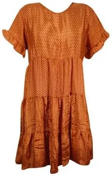 Bohemian Floral Dress, Bright Auburn Recycle Silk Summer Shift Dresses M