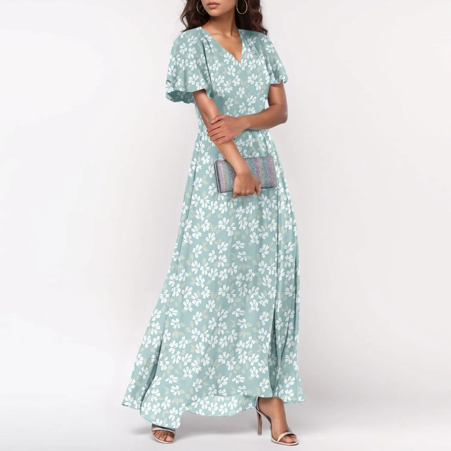 Boho Dresses for Women 2025 Maxi Dress Formal Summer Smocked Floral Dress Plus Size Ruffle Sleeve Chiffon Dresses