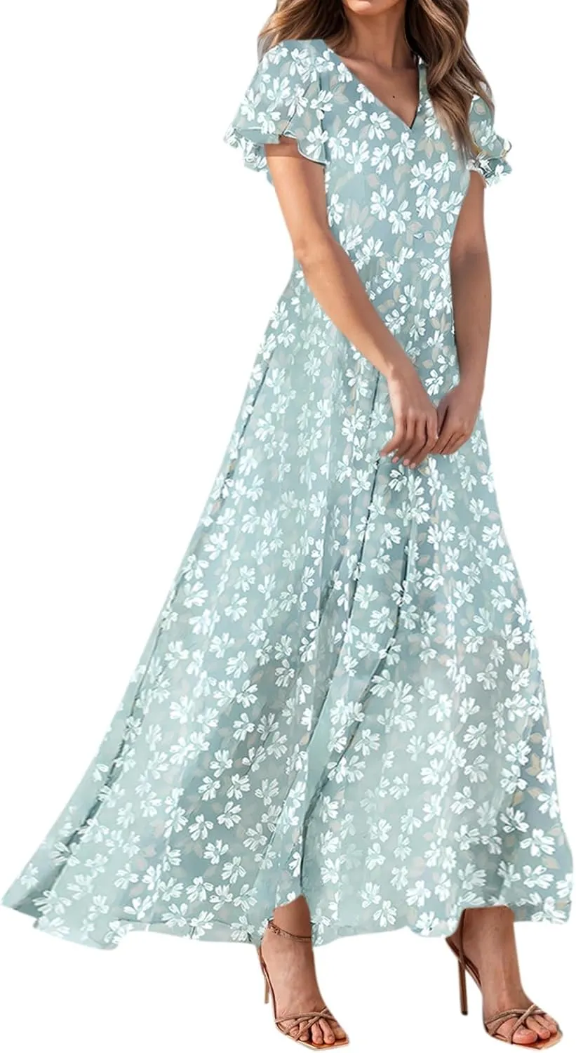 Boho Dresses for Women 2025 Maxi Dress Formal Summer Smocked Floral Dress Plus Size Ruffle Sleeve Chiffon Dresses