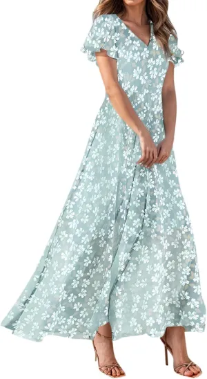 Boho Dresses for Women 2025 Maxi Dress Formal Summer Smocked Floral Dress Plus Size Ruffle Sleeve Chiffon Dresses