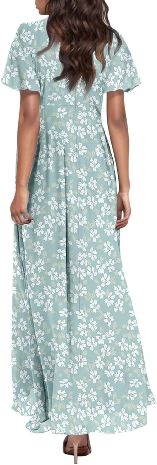 Boho Dresses for Women 2025 Maxi Dress Formal Summer Smocked Floral Dress Plus Size Ruffle Sleeve Chiffon Dresses