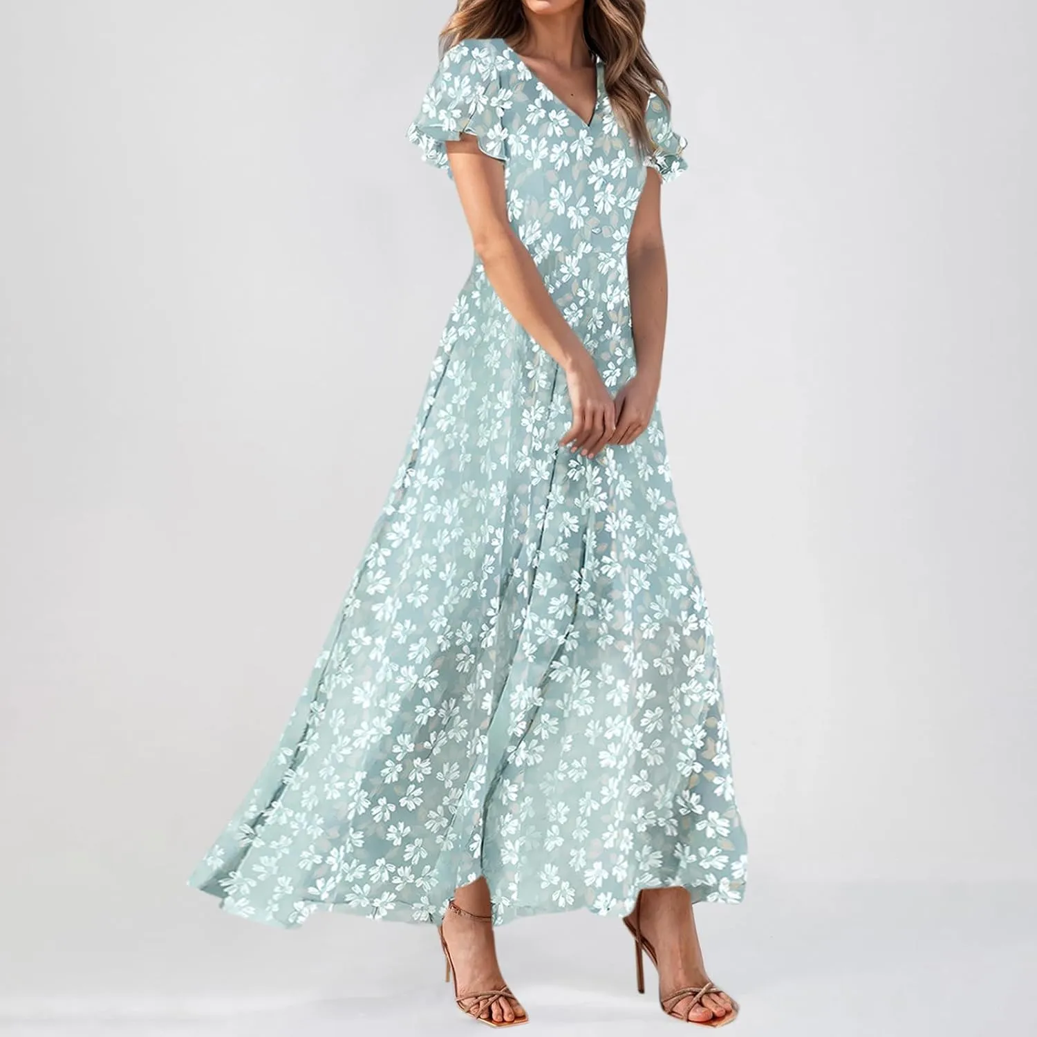 Boho Dresses for Women 2025 Maxi Dress Formal Summer Smocked Floral Dress Plus Size Ruffle Sleeve Chiffon Dresses