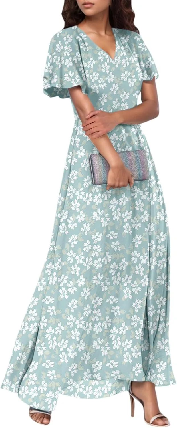 Boho Dresses for Women 2025 Maxi Dress Formal Summer Smocked Floral Dress Plus Size Ruffle Sleeve Chiffon Dresses