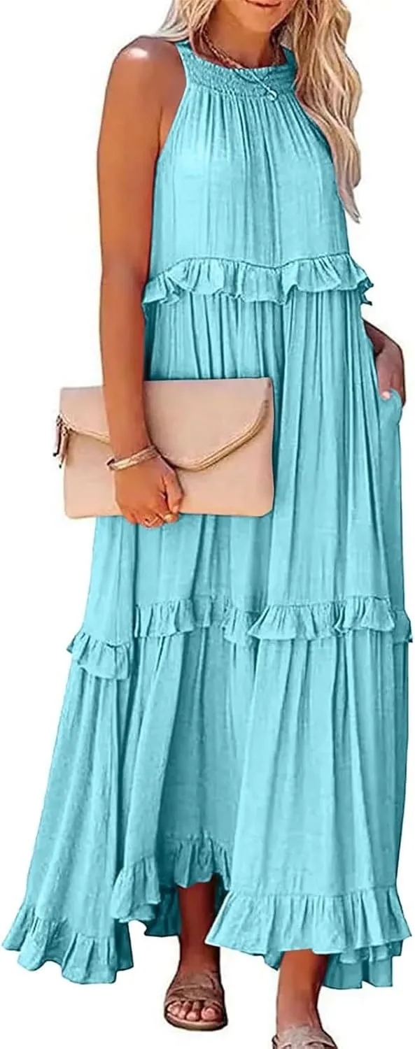 Boho Dresses for Women,2025 Summer Flowy Ruffle Tiered Swing Smocked Beach Sundress,Sleeveless Halter Maxi Dress