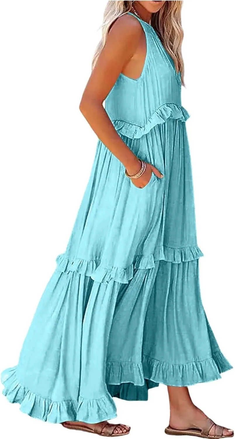 Boho Dresses for Women,2025 Summer Flowy Ruffle Tiered Swing Smocked Beach Sundress,Sleeveless Halter Maxi Dress