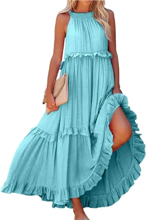 Boho Dresses for Women,2025 Summer Flowy Ruffle Tiered Swing Smocked Beach Sundress,Sleeveless Halter Maxi Dress