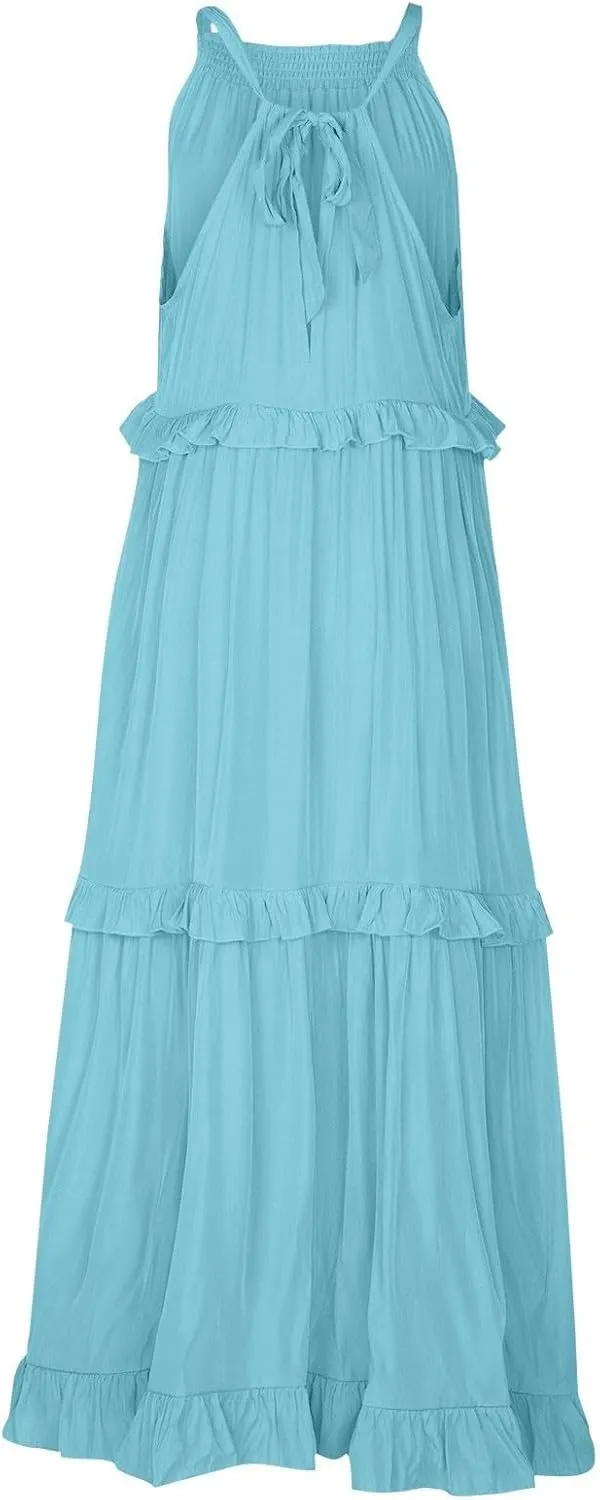 Boho Dresses for Women,2025 Summer Flowy Ruffle Tiered Swing Smocked Beach Sundress,Sleeveless Halter Maxi Dress