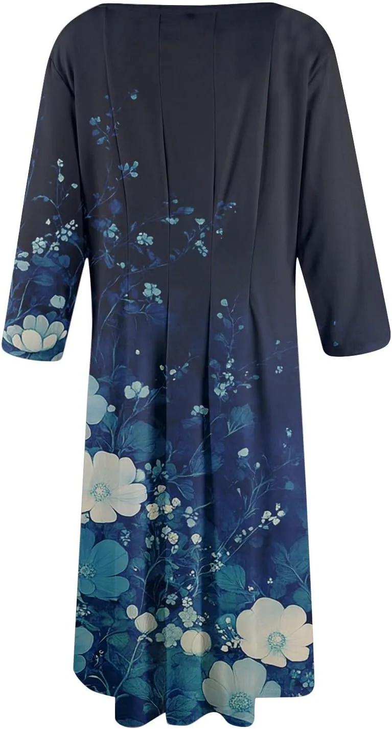 Boho Floral Dress for Women 3/4 Sleeve Summer Wrap Dress Ruched Midi Spring Flowy Vacation Dresses with Pocket