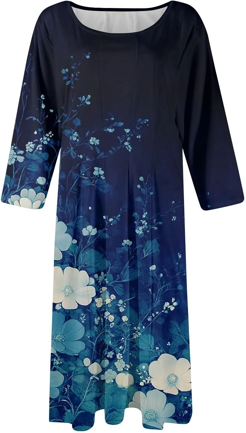 Boho Floral Dress for Women 3/4 Sleeve Summer Wrap Dress Ruched Midi Spring Flowy Vacation Dresses with Pocket