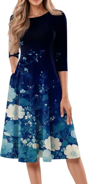 Boho Floral Dress for Women 3/4 Sleeve Summer Wrap Dress Ruched Midi Spring Flowy Vacation Dresses with Pocket