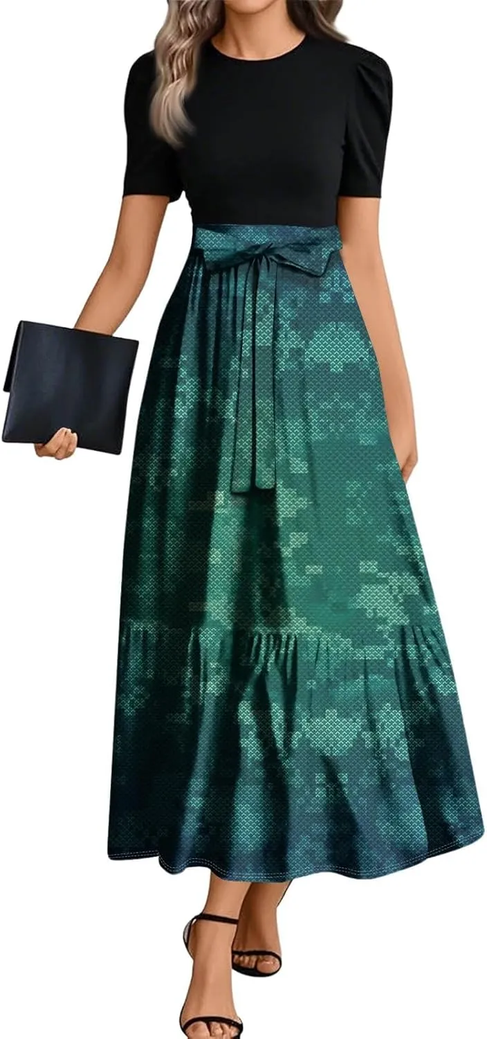Boho Maxi Dresses Summer Tie Waist Church Dresses Short Sleeve Floral Wrap Dress Cute Beach Wedding with Belt