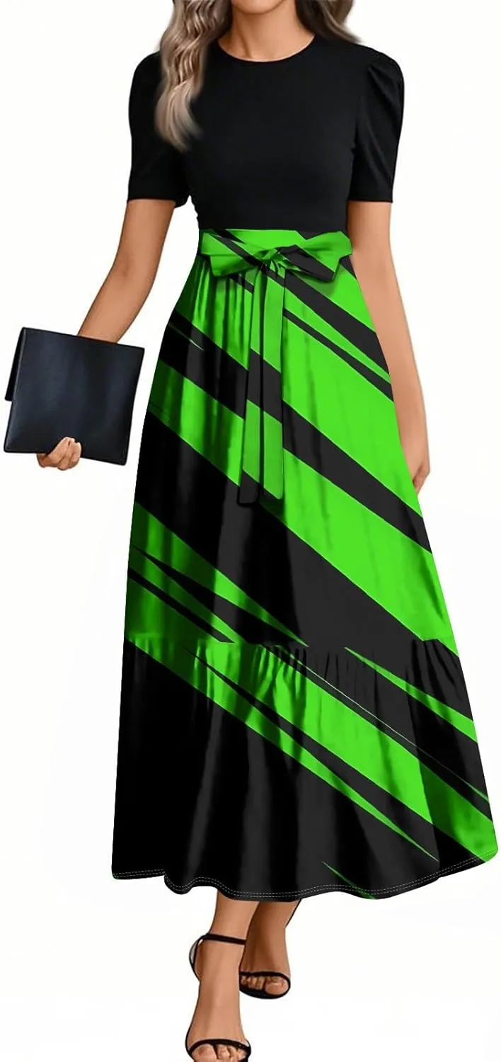 Boho Maxi Dresses Summer Tie Waist Church Dresses Short Sleeve Floral Wrap Dress Cute Beach Wedding with Belt