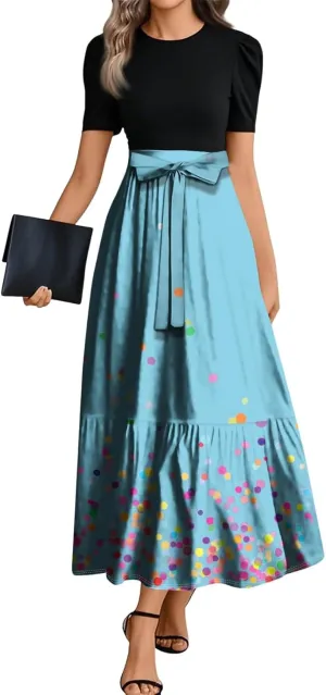 Boho Maxi Dresses Summer Tie Waist Church Dresses Short Sleeve Floral Wrap Dress Cute Beach Wedding with Belt