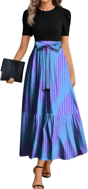 Boho Maxi Dresses Summer Tie Waist Church Dresses Short Sleeve Floral Wrap Dress Cute Beach Wedding with Belt