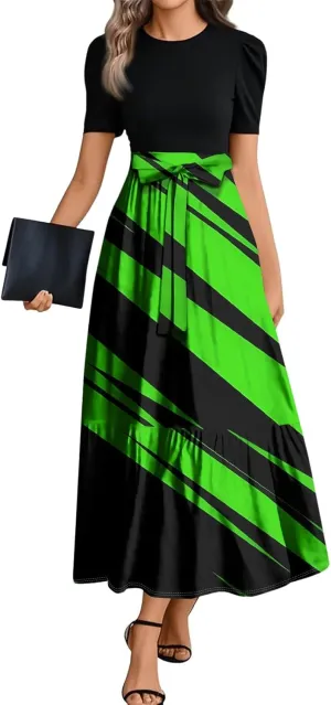 Boho Maxi Dresses Summer Tie Waist Church Dresses Short Sleeve Floral Wrap Dress Cute Beach Wedding with Belt