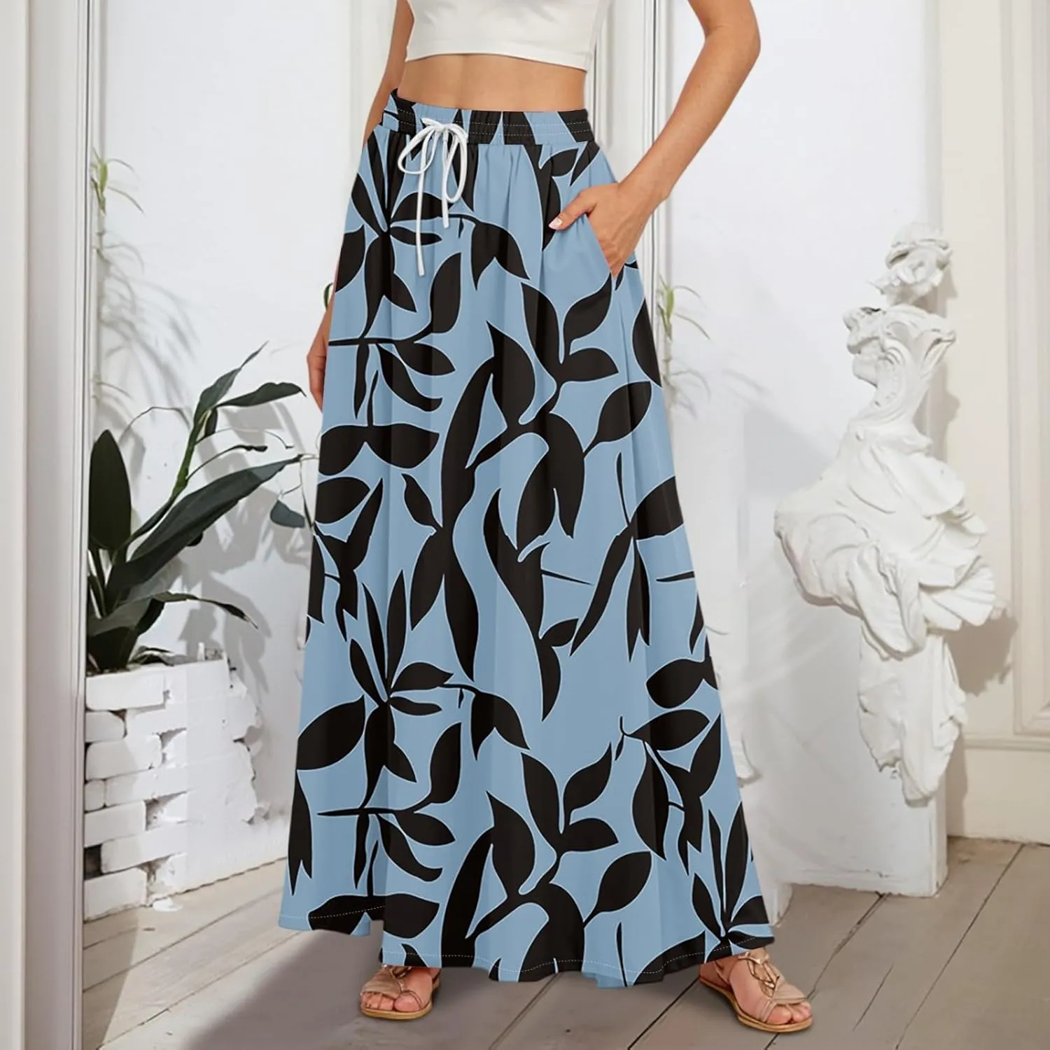 Boho Maxi Skirt for Women Summer Elastic High Waisted Casual Skirts Pleated A-Line Skirts Work Skirt Long with Pockets