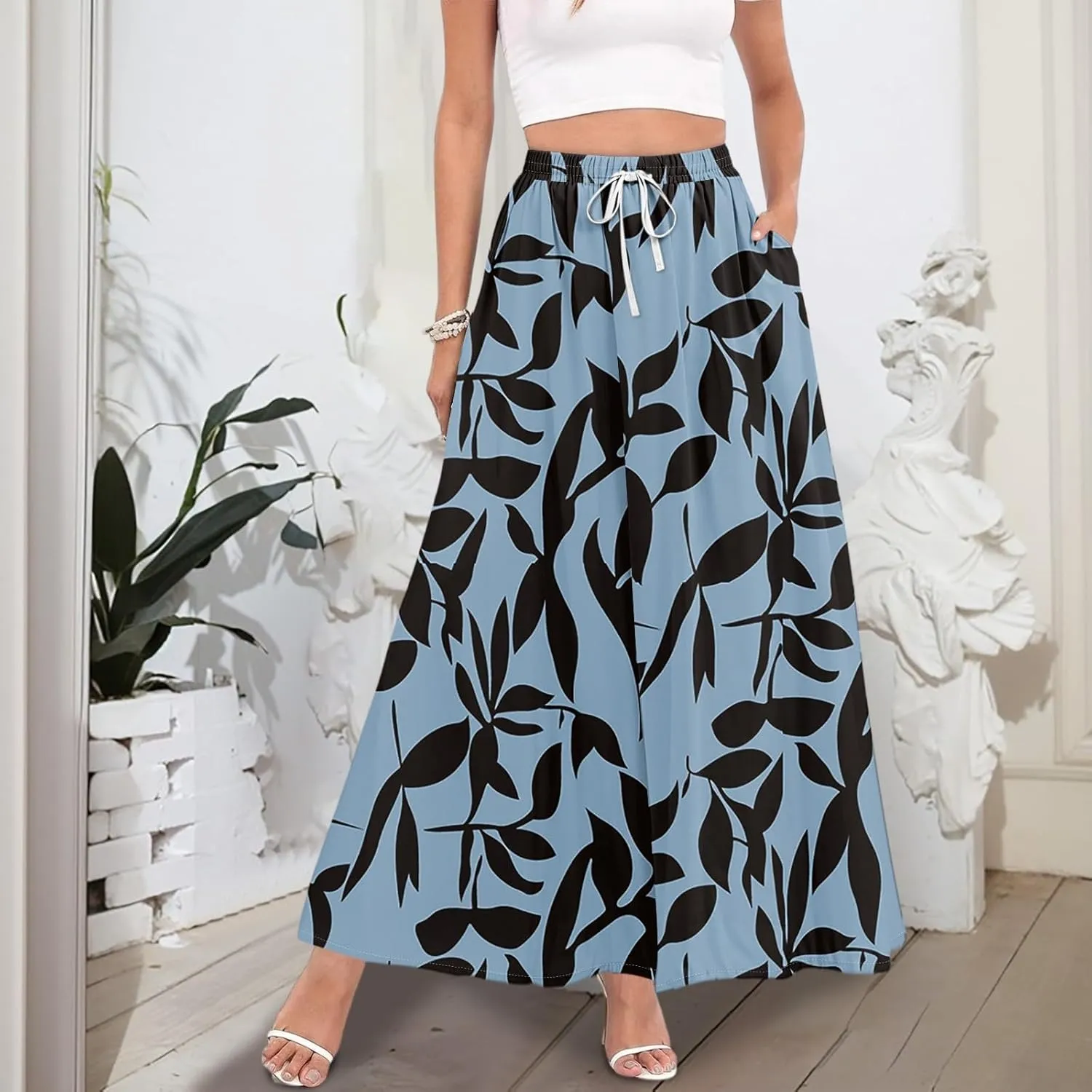 Boho Maxi Skirt for Women Summer Elastic High Waisted Casual Skirts Pleated A-Line Skirts Work Skirt Long with Pockets