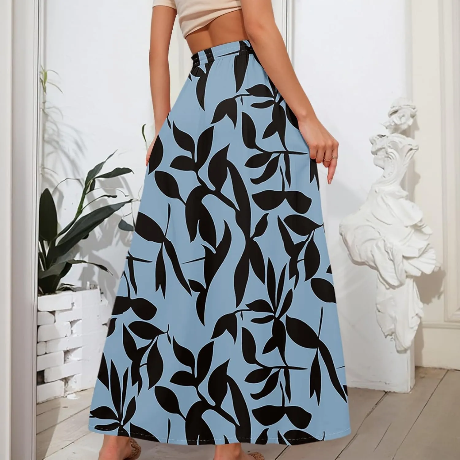 Boho Maxi Skirt for Women Summer Elastic High Waisted Casual Skirts Pleated A-Line Skirts Work Skirt Long with Pockets