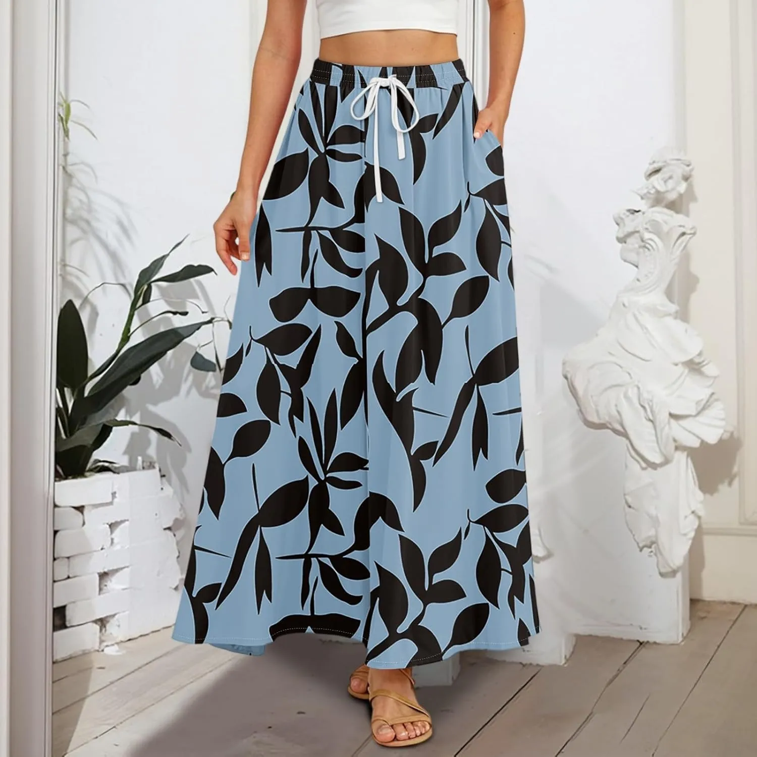 Boho Maxi Skirt for Women Summer Elastic High Waisted Casual Skirts Pleated A-Line Skirts Work Skirt Long with Pockets