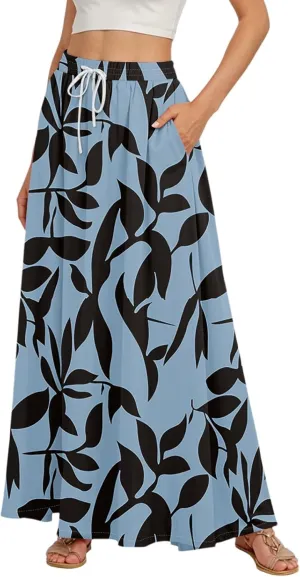 Boho Maxi Skirt for Women Summer Elastic High Waisted Casual Skirts Pleated A-Line Skirts Work Skirt Long with Pockets