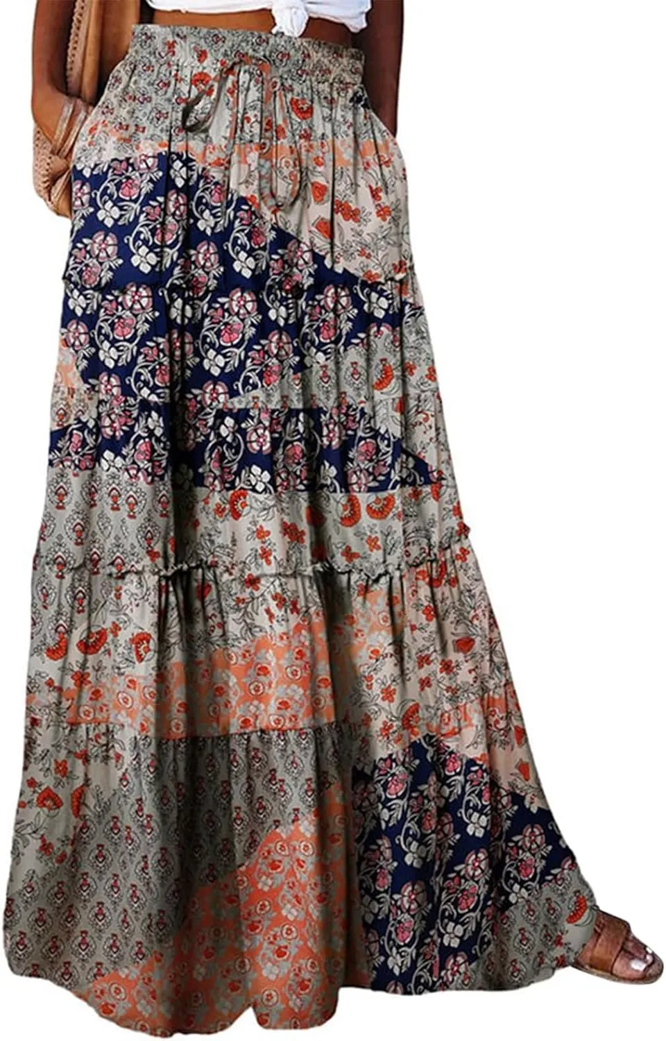 Boho Maxi Skirts for Women 2025 Casual Bohemian Tiered Long Pleated Skirt Hippie High Waisted Aline Beach Flowy Skirt