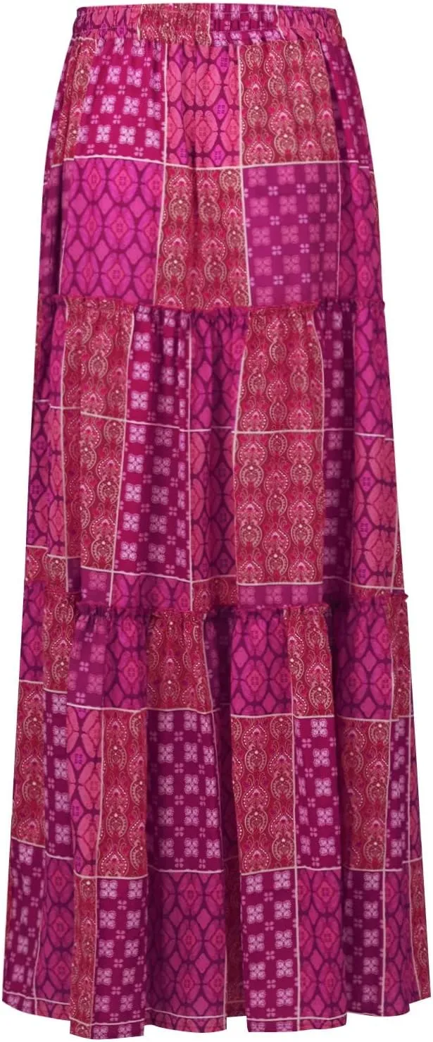 Boho Maxi Skirts for Women 2025 Casual Bohemian Tiered Long Pleated Skirt Hippie High Waisted Aline Beach Flowy Skirt
