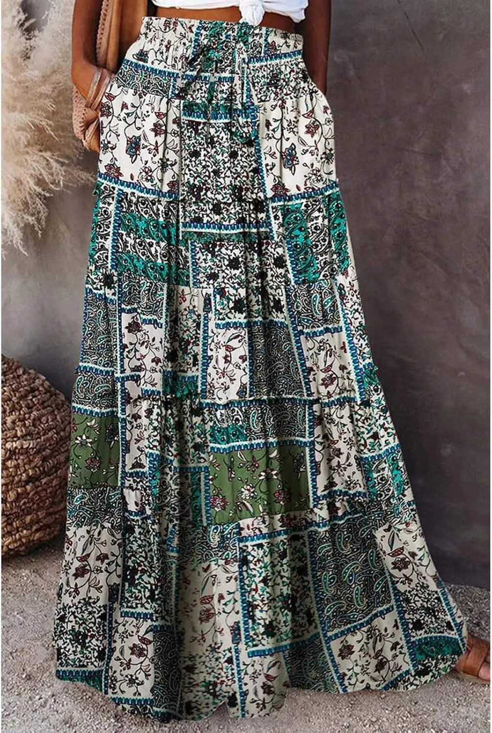 Boho Maxi Skirts for Women 2025 Casual Bohemian Tiered Long Pleated Skirt Hippie High Waisted Aline Beach Flowy Skirt