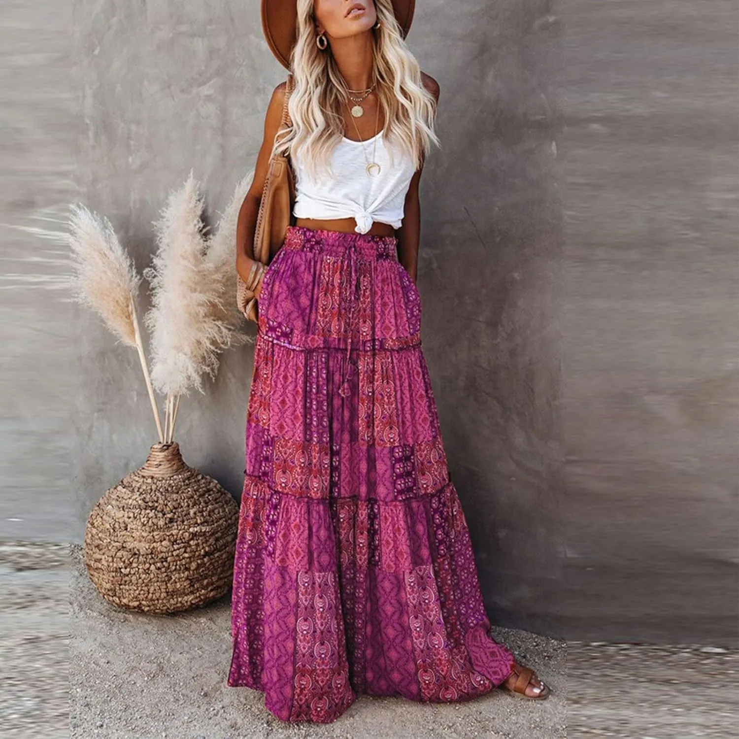 Boho Maxi Skirts for Women 2025 Casual Bohemian Tiered Long Pleated Skirt Hippie High Waisted Aline Beach Flowy Skirt