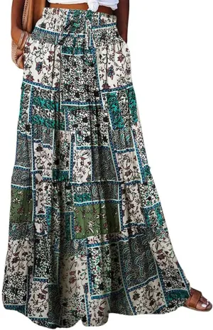 Boho Maxi Skirts for Women 2025 Casual Bohemian Tiered Long Pleated Skirt Hippie High Waisted Aline Beach Flowy Skirt