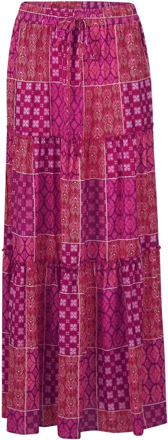 Boho Maxi Skirts for Women 2025 Casual Bohemian Tiered Long Pleated Skirt Hippie High Waisted Aline Beach Flowy Skirt