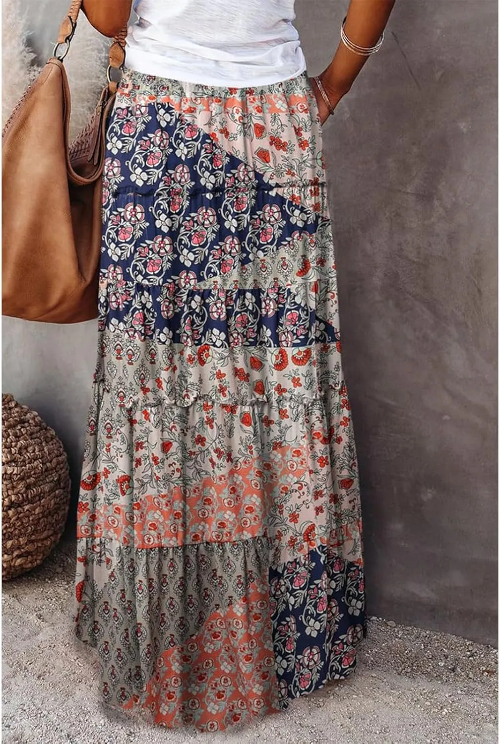 Boho Maxi Skirts for Women 2025 Casual Bohemian Tiered Long Pleated Skirt Hippie High Waisted Aline Beach Flowy Skirt