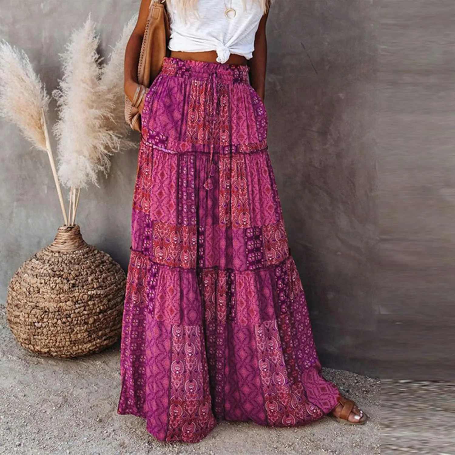 Boho Maxi Skirts for Women 2025 Casual Bohemian Tiered Long Pleated Skirt Hippie High Waisted Aline Beach Flowy Skirt