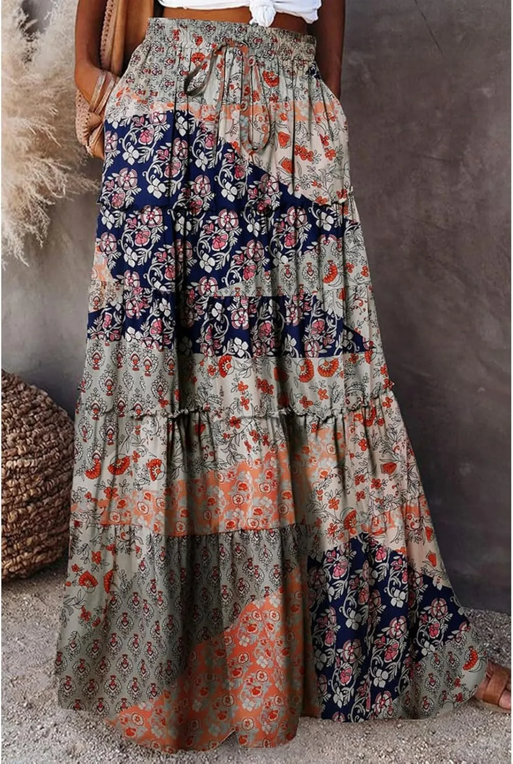 Boho Maxi Skirts for Women 2025 Casual Bohemian Tiered Long Pleated Skirt Hippie High Waisted Aline Beach Flowy Skirt
