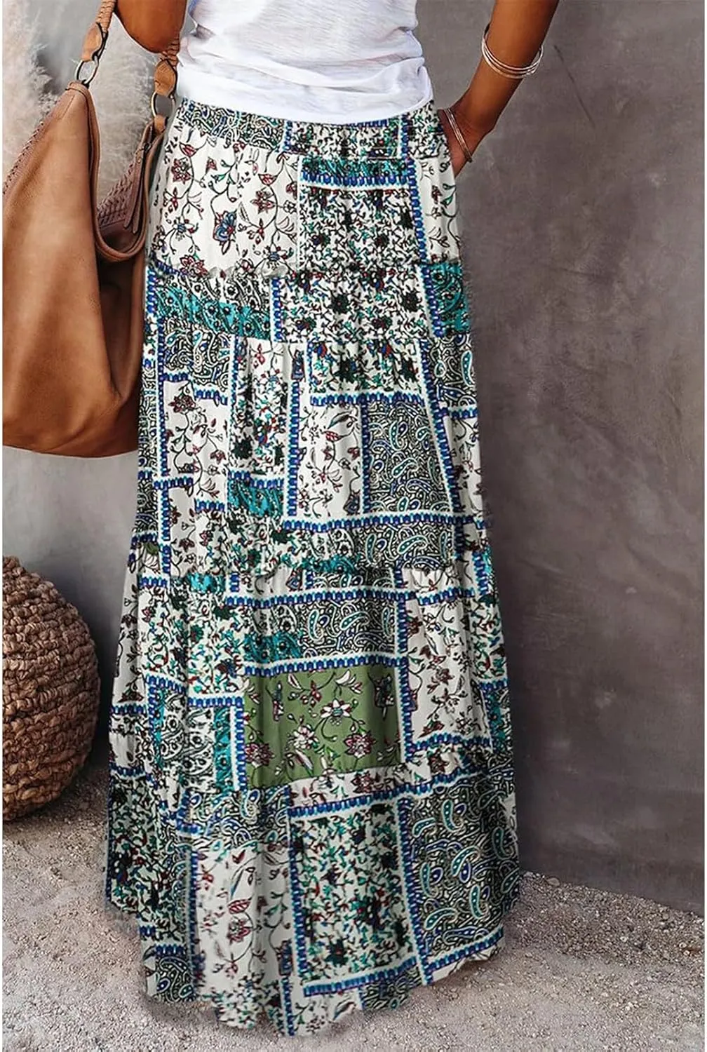 Boho Maxi Skirts for Women 2025 Casual Bohemian Tiered Long Pleated Skirt Hippie High Waisted Aline Beach Flowy Skirt