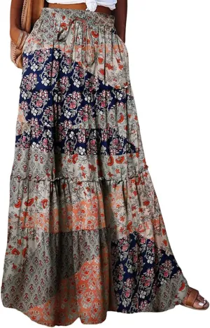 Boho Maxi Skirts for Women 2025 Casual Bohemian Tiered Long Pleated Skirt Hippie High Waisted Aline Beach Flowy Skirt