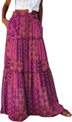 Boho Maxi Skirts for Women 2025 Casual Bohemian Tiered Long Pleated Skirt Hippie High Waisted Aline Beach Flowy Skirt