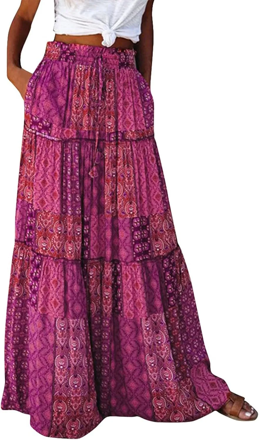 Boho Maxi Skirts for Women 2025 Casual Bohemian Tiered Long Pleated Skirt Hippie High Waisted Aline Beach Flowy Skirt
